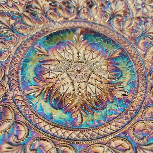 Fenton Carnival Glass Bowl Iridescent Ruffled Edge Hearts Pattern 11" Bowl - Picture 8 of 12